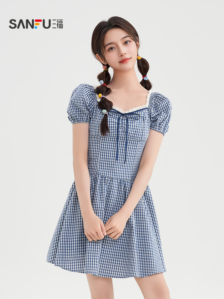 レース 服 格子柄レース縁取りパフスリーブワンピース
