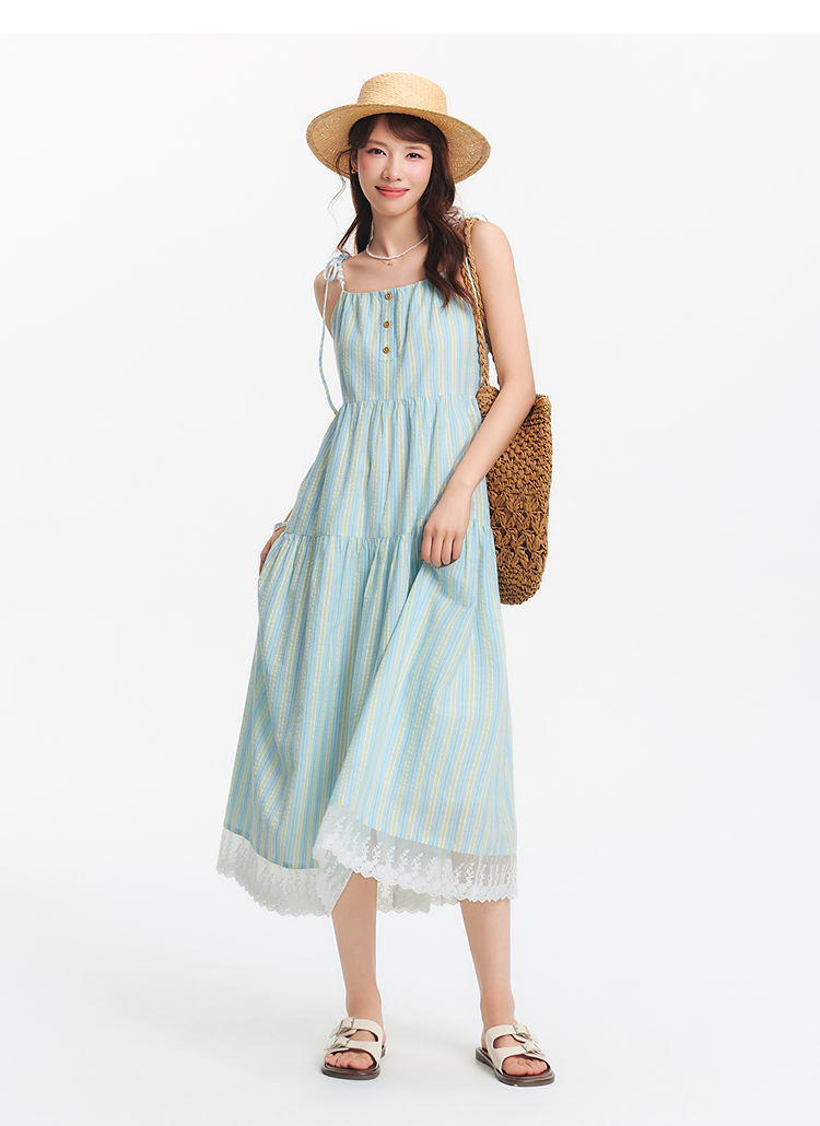 レース 服 裾レース飾り縦縞ティアードワンピース