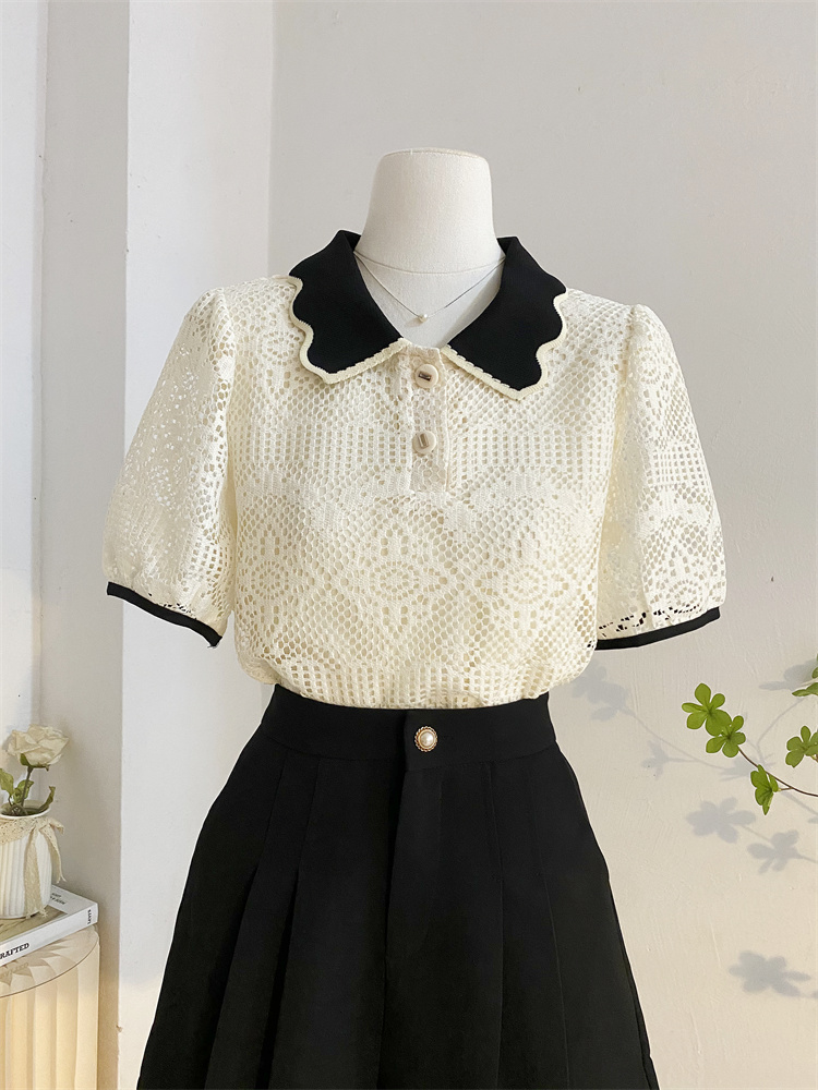 レース 服 襟付きレース半袖ポロブラウス