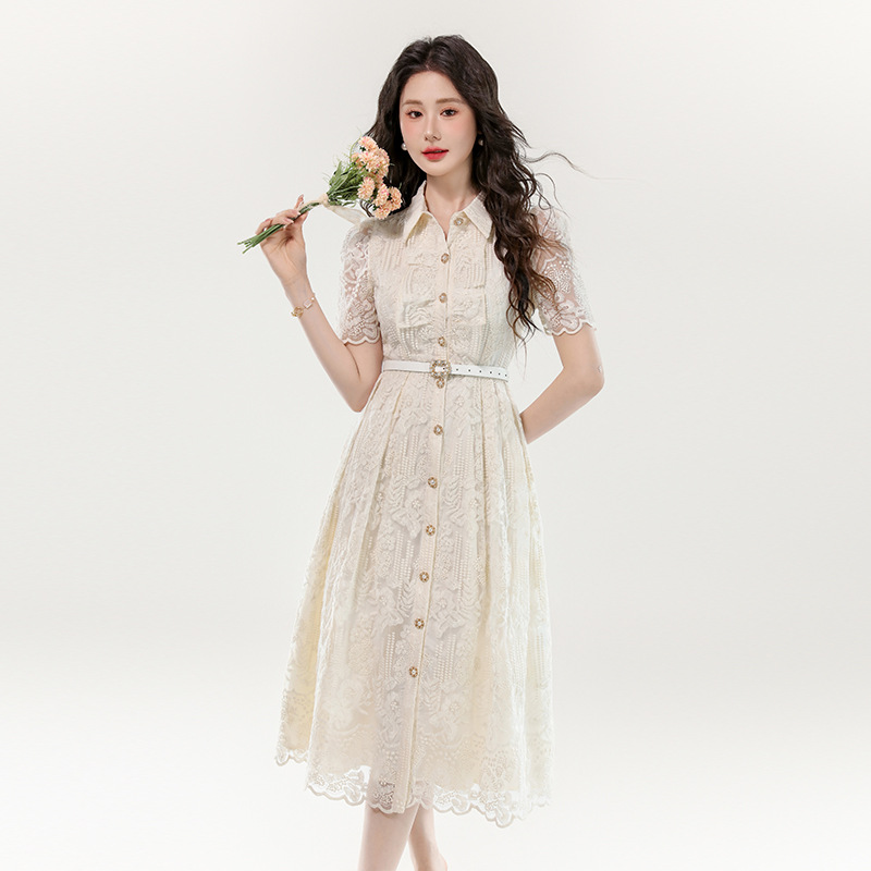 レース 服 花柄透かしレース シャツワンピース
