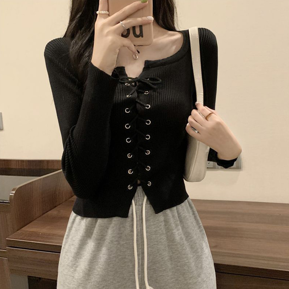 レース 服 リブ編みニット レースアップ 長袖トップス