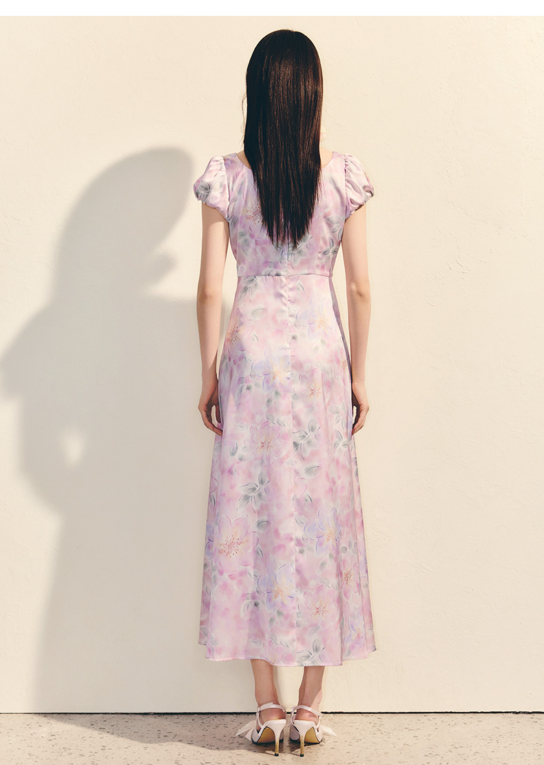 レース 服 花模様のレース装飾パフスリーブワンピース