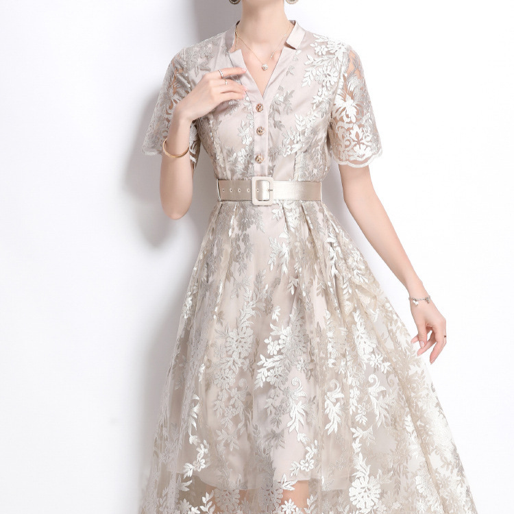 レース 服 花柄レース 前開きベルト付きワンピース