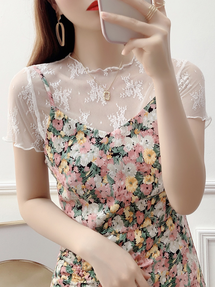 レース 服 花刺繍シアーレイヤードトップス