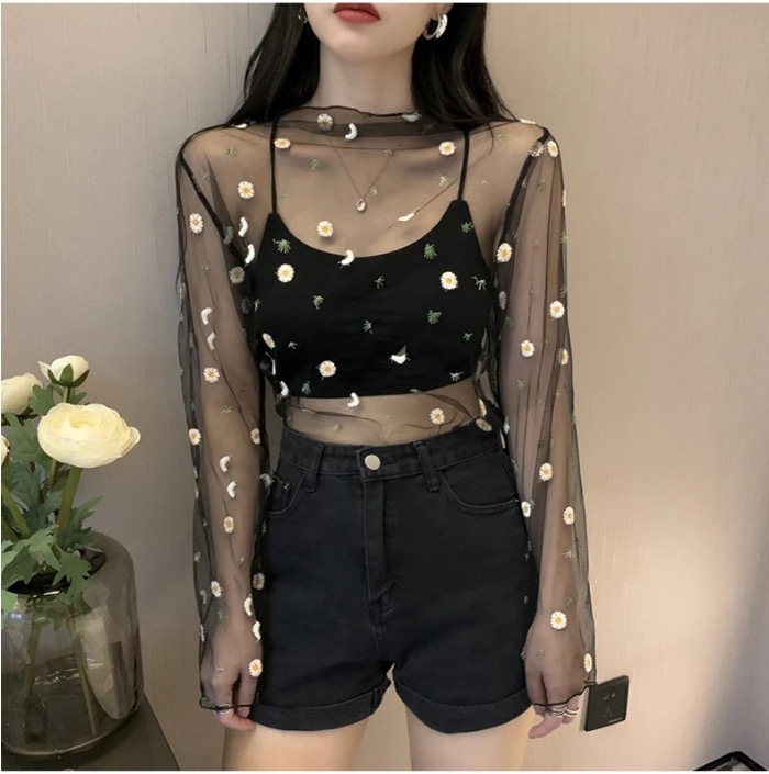 レース 服 春夏レディース刺繍レースタートルネック長袖トップス