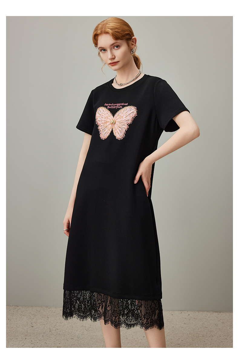 レース 服 蝶々刺繍レース裾ワンピース