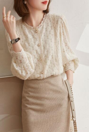 レース 服 花柄レースブラウス パフスリーブ長袖トップス