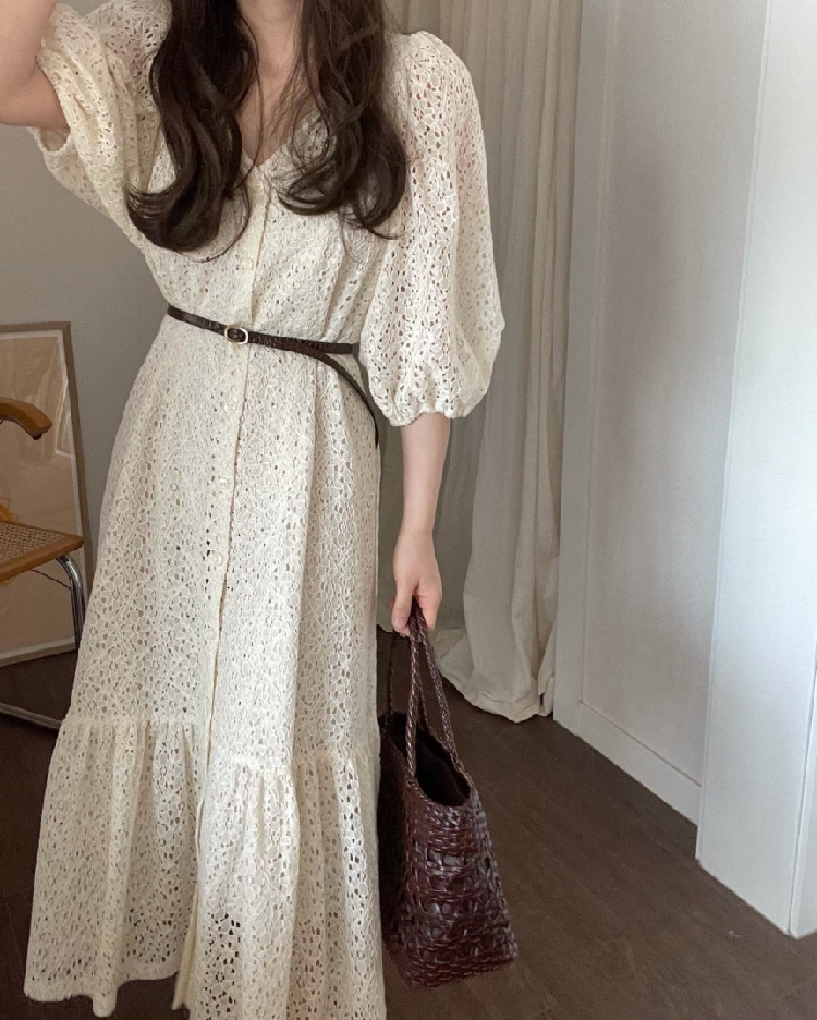 レース 服 レース透かし彫りワンピース体型カバーロング丈