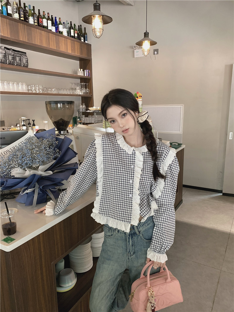 レース 服 レトロチェック柄レース飾りゆったりブラウス