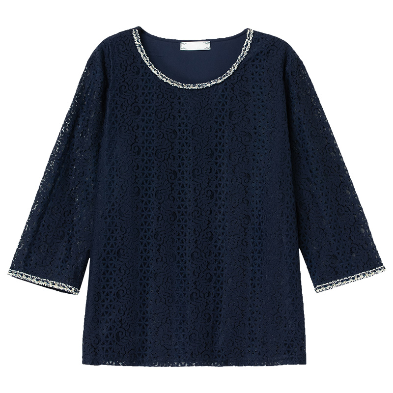 レース 服 装飾襟付き七分袖総レーストップス