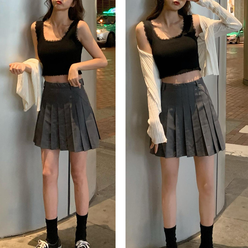 レース 服 レース付きリブニットタンクトップ へそ出しショート丈