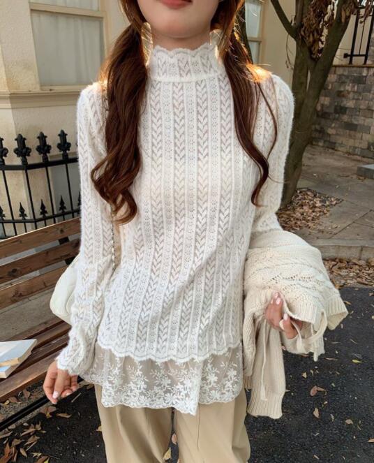 レース 服 秋冬レディース長袖ニット レース裾重ね着風トップス