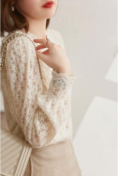 レース 服 花柄レースブラウス パフスリーブ長袖トップス