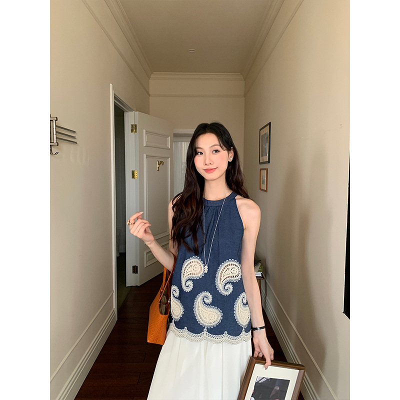 レース 服 ペイズリー刺繍ホルターネックトップス