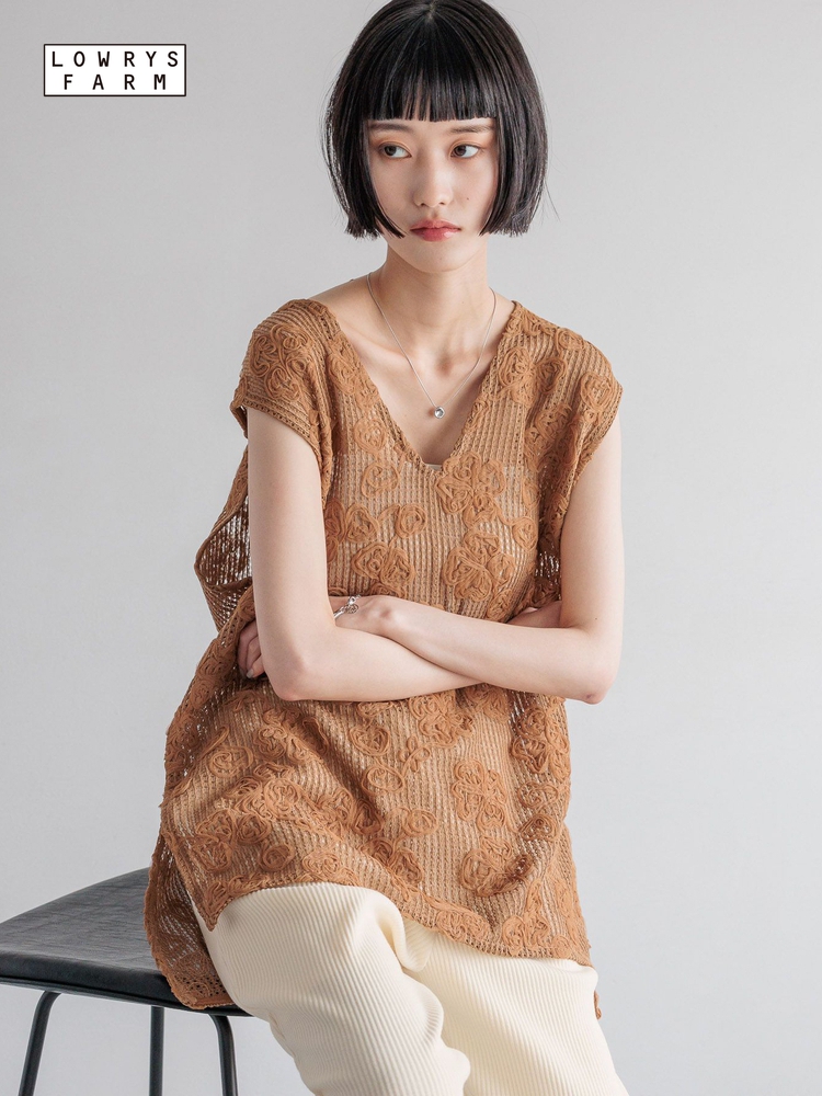 レース 服 花模様透かし編みレースチュニック