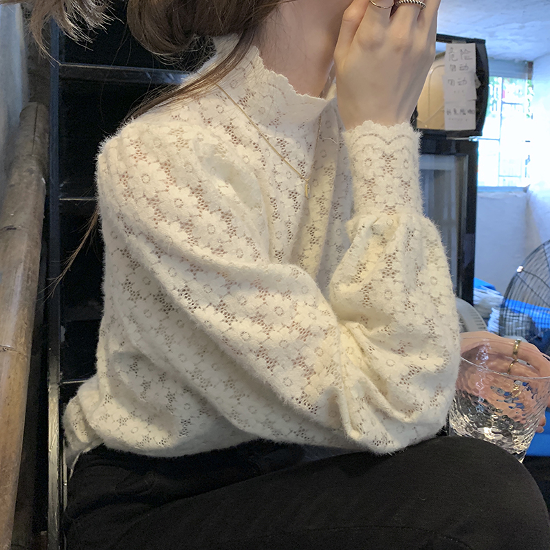 レース 服 花柄レースブラウス 長袖 フリルネック シャーリング