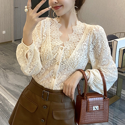 レース 服 深Vネック レース ブラウス 長袖 ふんわり 着回し トップス