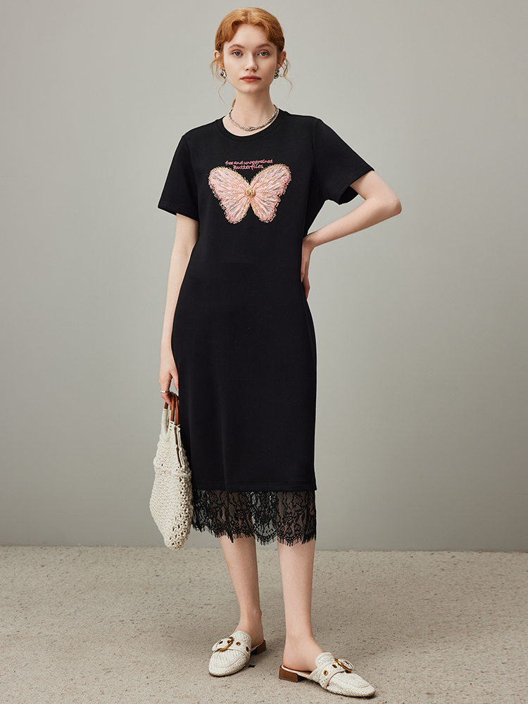 レース 服 蝶々刺繍レース裾ワンピース