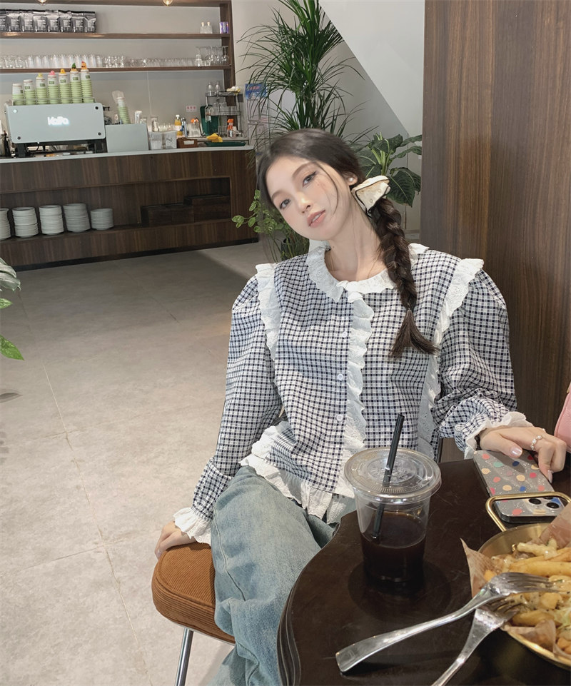 レース 服 レトロチェック柄レース飾りゆったりブラウス