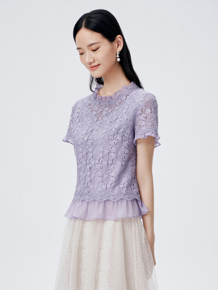 レース 服 花柄レース フリル裾トップス
