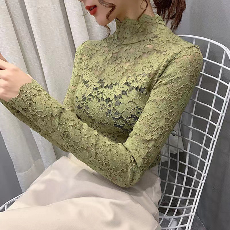 レースファッション 優美なフラワーレース タートルネックトップス