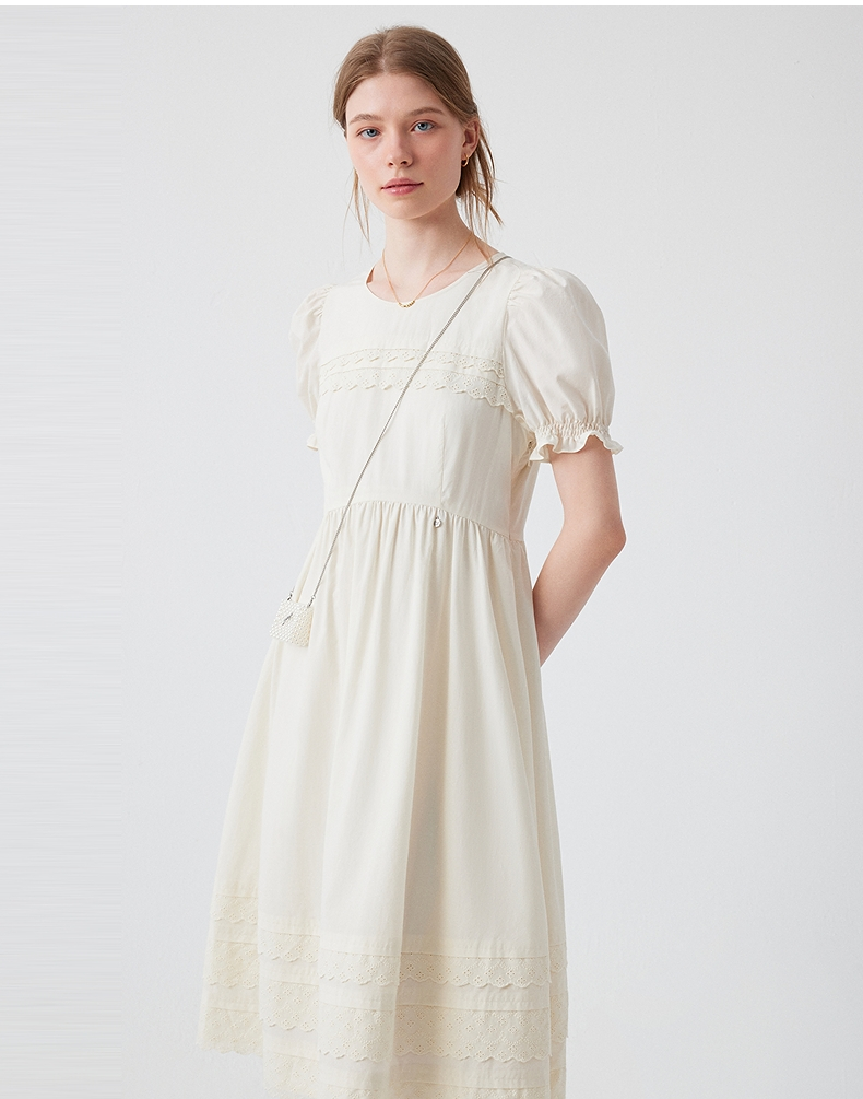 レース 服 優美なレース装飾パフスリーブワンピース