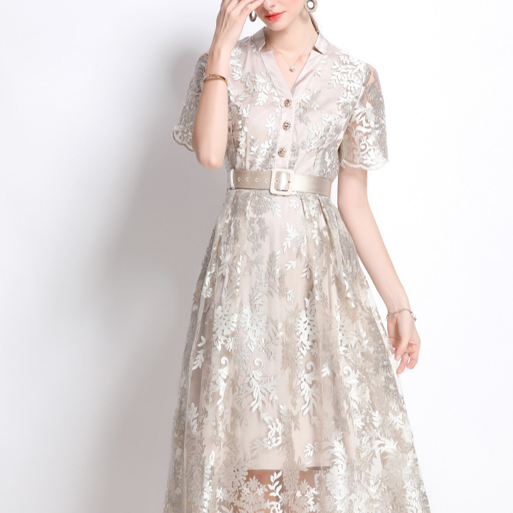 レース 服 花柄レース 前開きベルト付きワンピース