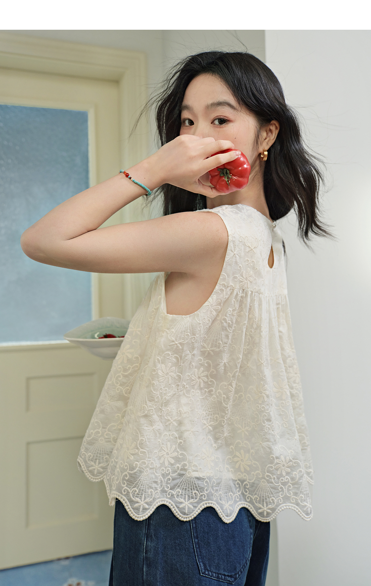 レース 服 花刺繍リボンノースリーブブラウス