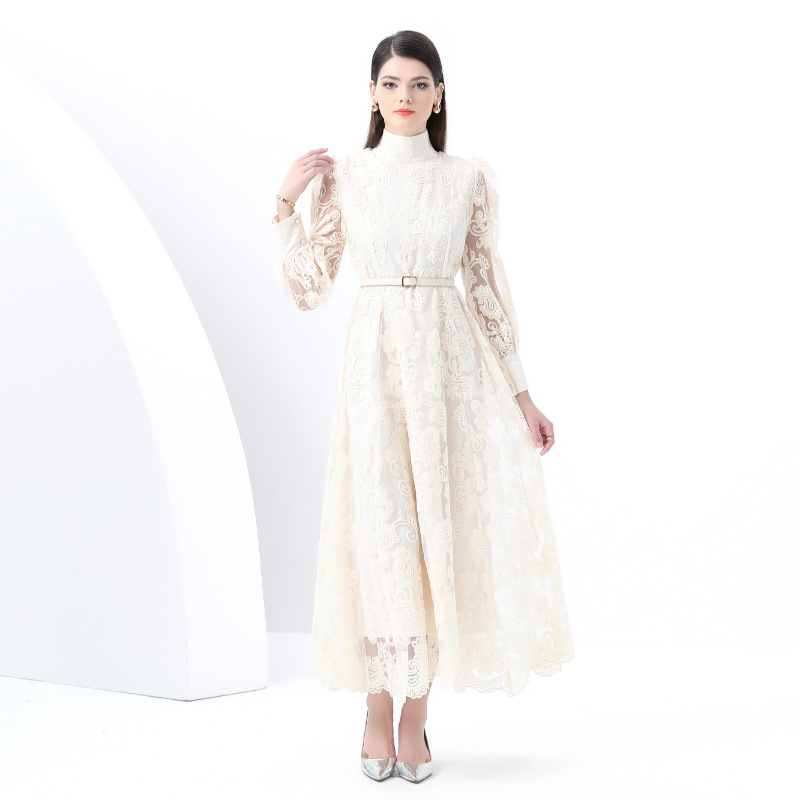 レース 服 高襟シアーレース長袖ワンピース