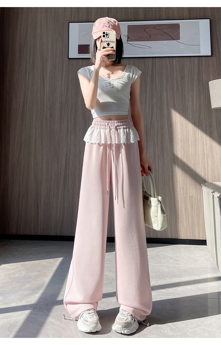 レース 服 レース装飾ウエスト ゆったりワイドパンツ