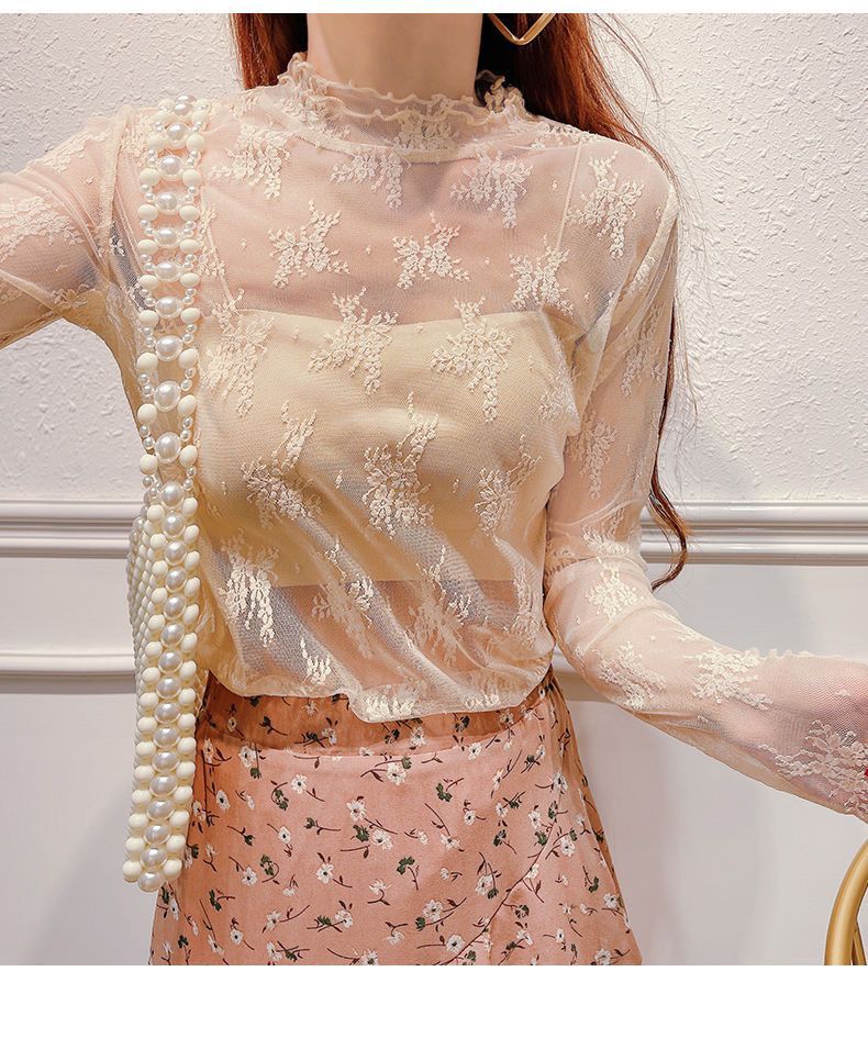 レース 服 花柄レース透け感ハイネックインナー長袖