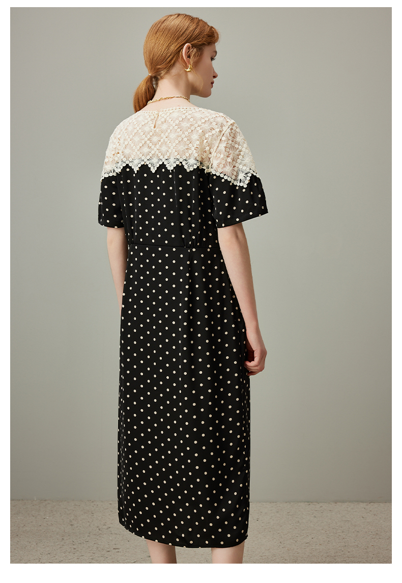 レース 服 レース切り替え水玉スリットワンピース