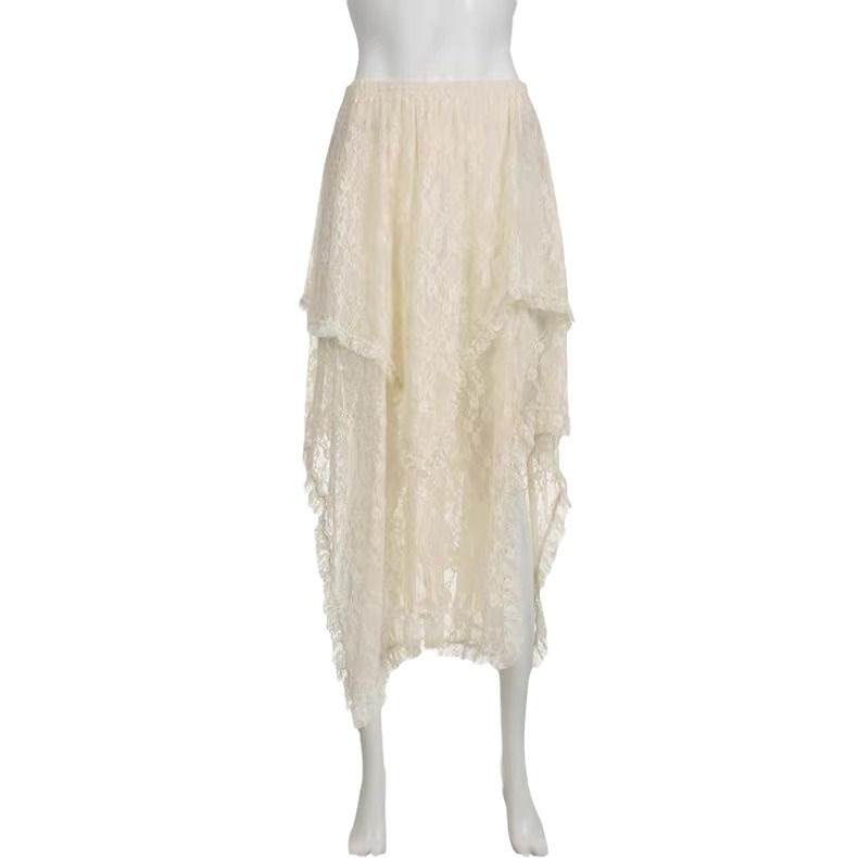 レース 服 繊細レース装飾ロングスカート 不規則裾デザイン女性用