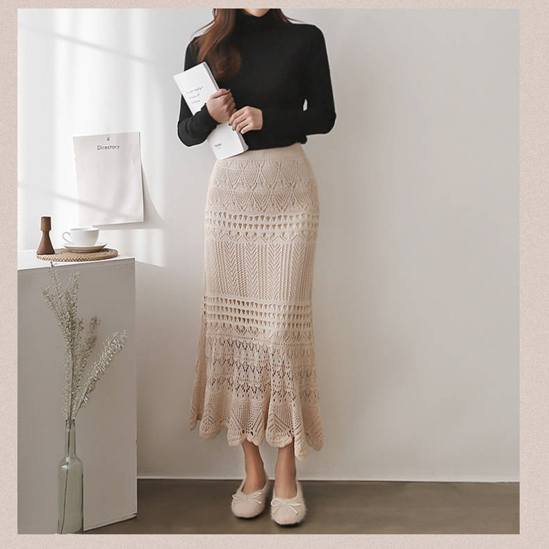 レース 服 春夏新作 透かし編み レースニットスカート ロング丈 女性用