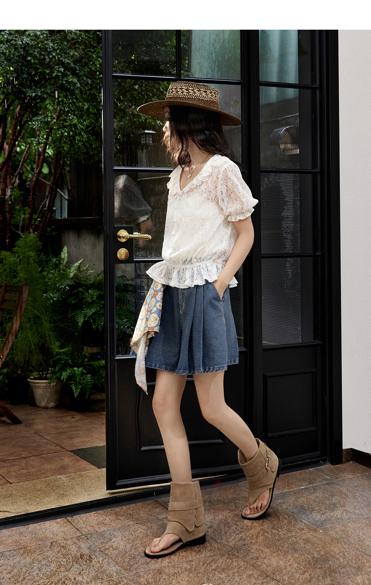 レース 服 透かし彫りフリルレースブラウス