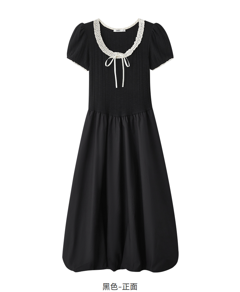 レース 服 上品リボン付きレース襟ワンピース