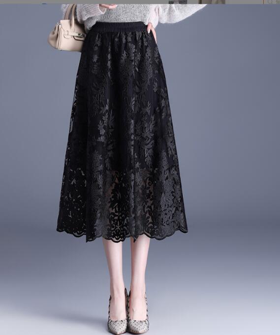 レース 服 花柄刺繍レーススカート ハイウエスト ミディ丈