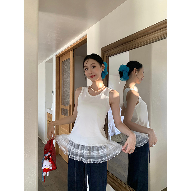レース 服 レース裾フリルタンクトップス