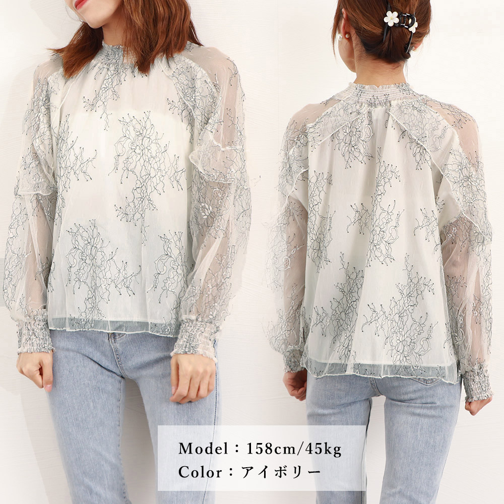 レース 服 花柄刺繍レースブラウス長袖シアートップス
