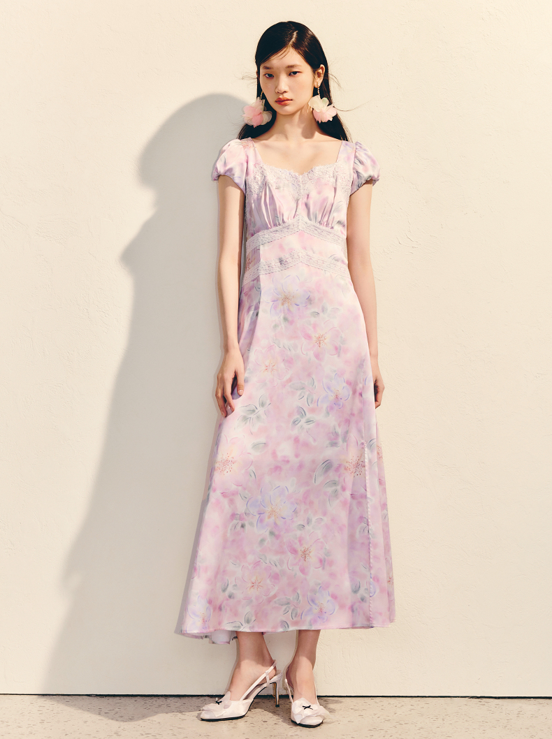 レース 服 花模様のレース装飾パフスリーブワンピース