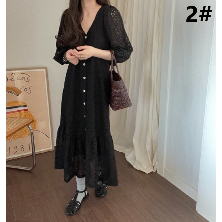 レース 服 レース透かし彫りワンピース体型カバーロング丈