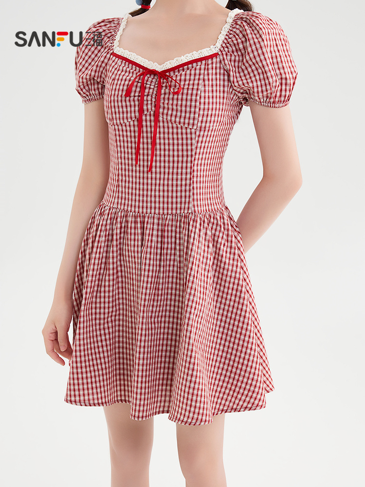 レース 服 格子柄レース縁取りパフスリーブワンピース