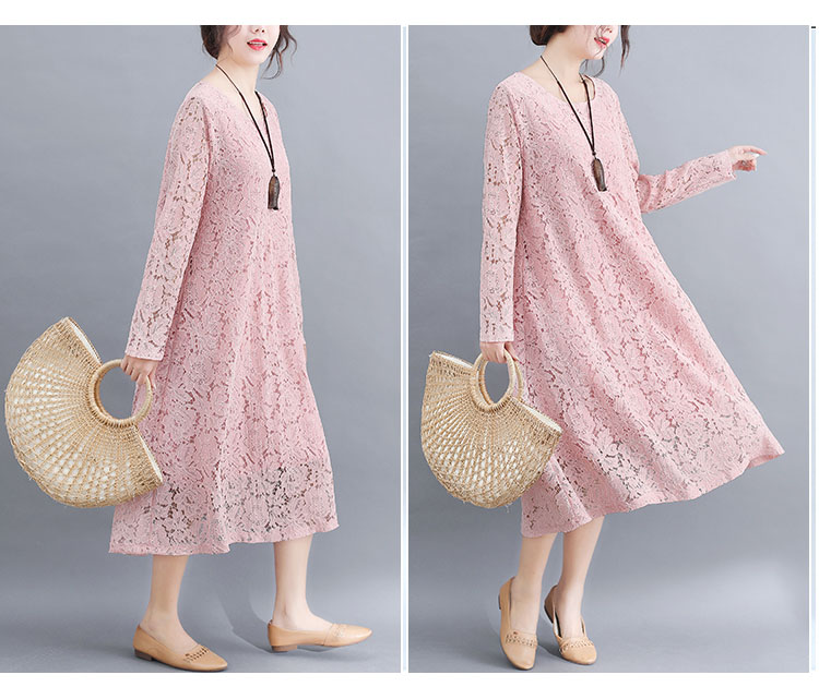 レース 服 総レース長袖ワンピース大きいサイズ着痩せミディ丈