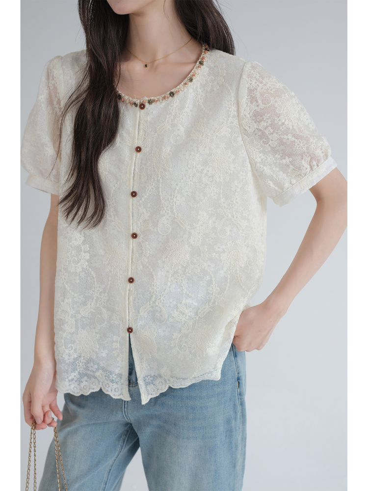 レース 服 花刺繍宝石襟パフスリーブレースブラウス