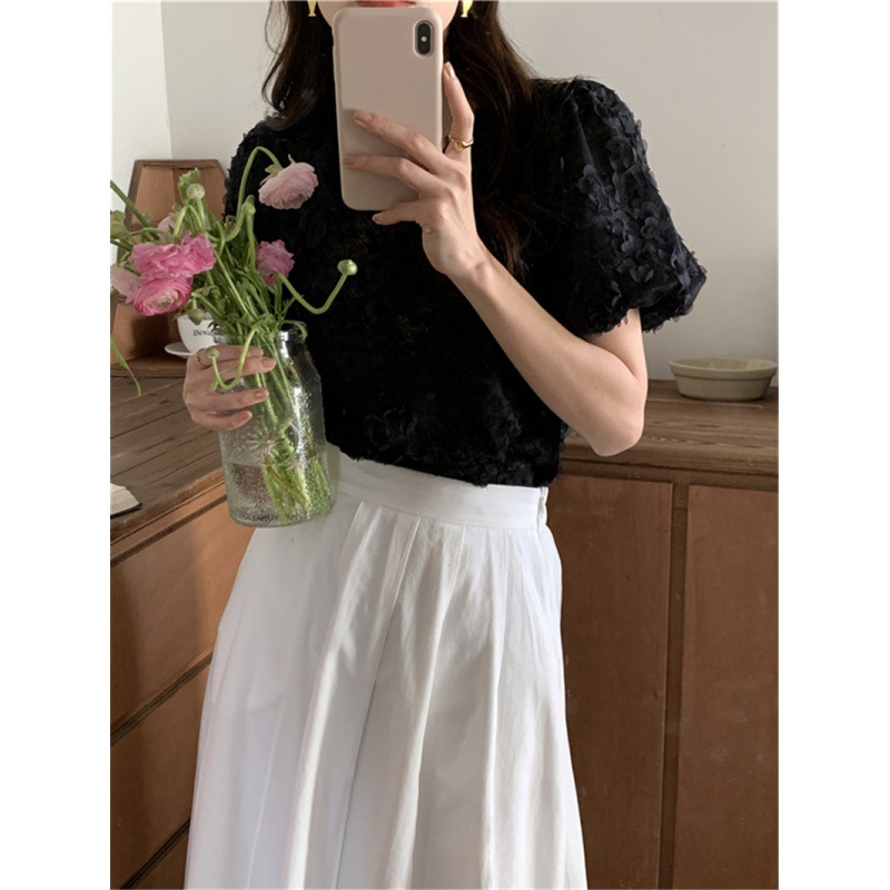 レース 服 レース丸首半袖トップス体型カバーふんわり袖レディース