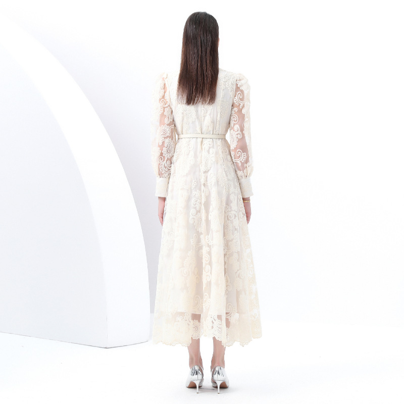 レース 服 高襟シアーレース長袖ワンピース