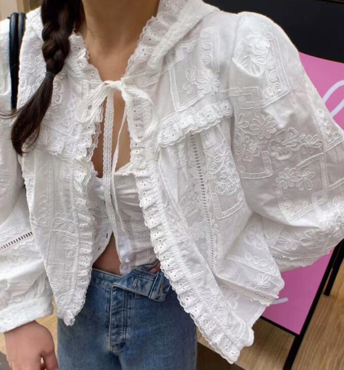 レース 服 秋冬レースフード付き長袖シャツ白色透け感トップス