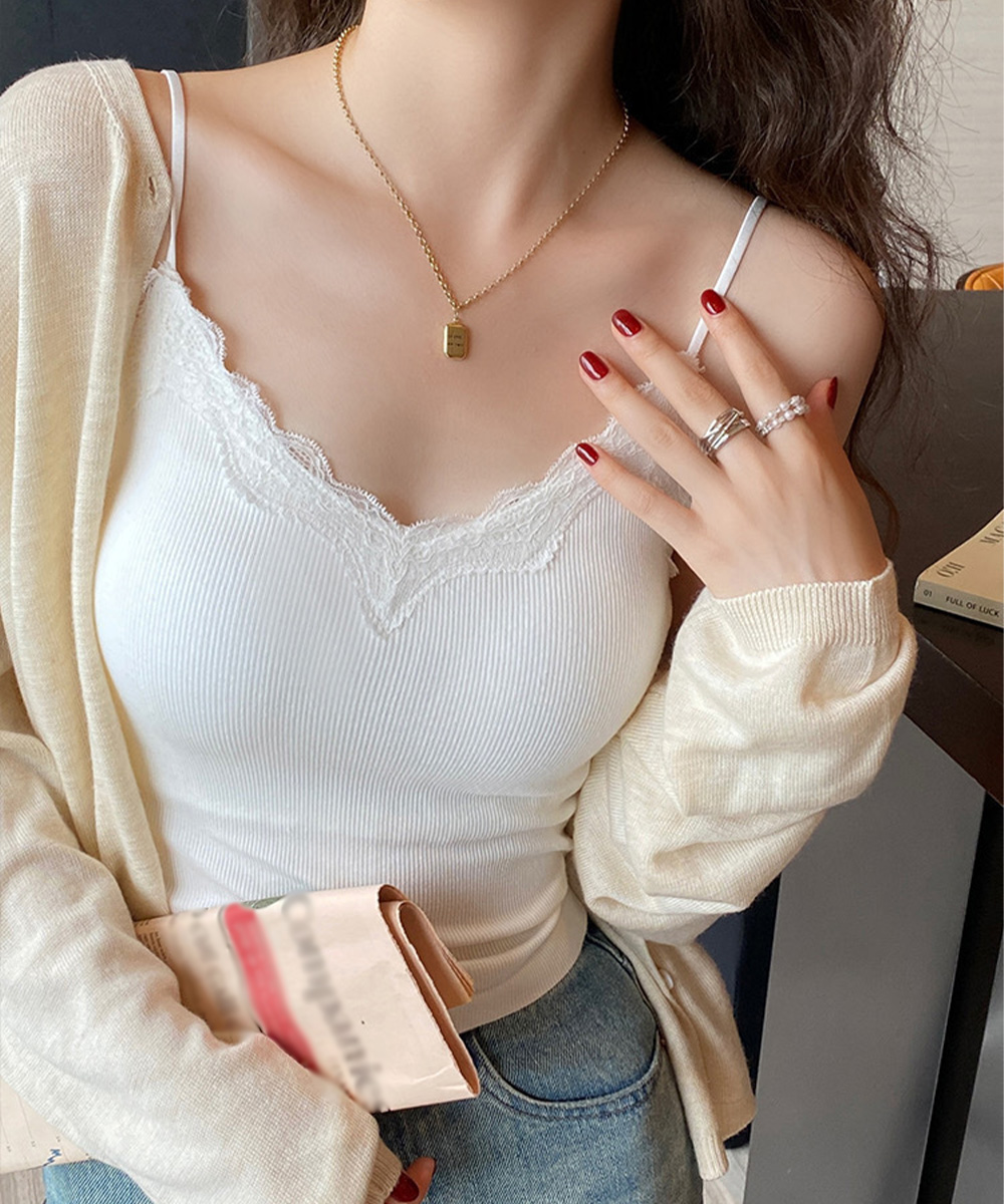 レース 服 レース装飾カップ付きキャミソール