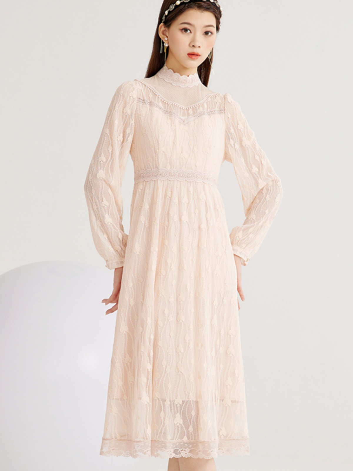 レース 服 花レース 立ち襟 長袖ワンピース