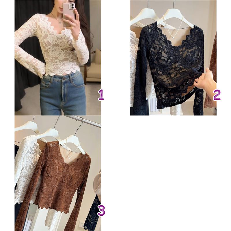 レース 服 レース長袖インナートップス裏起毛韓国風３色